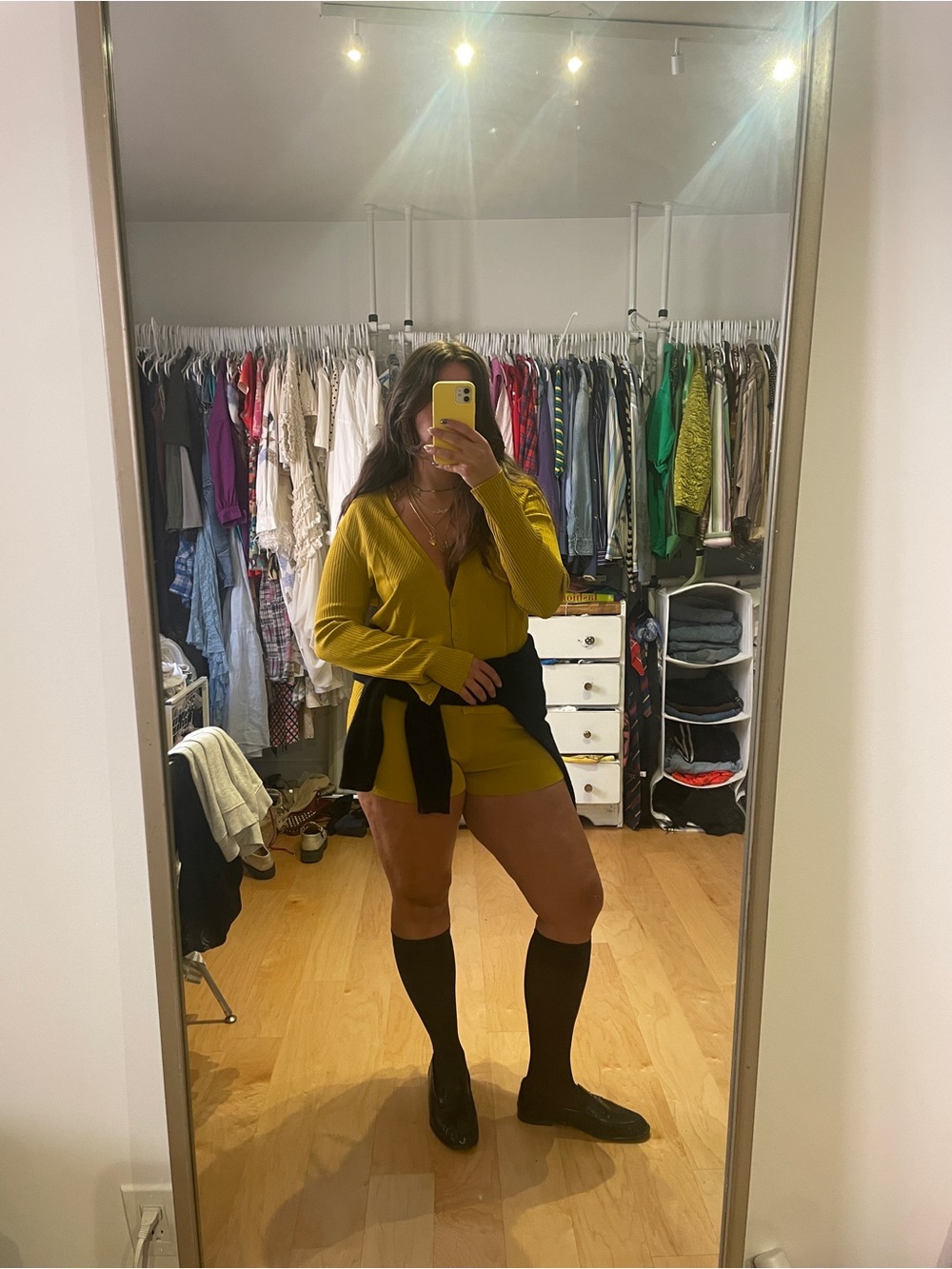 COS Mustard Yellow Ribbed V-Neck Knit Top and Shorts Set